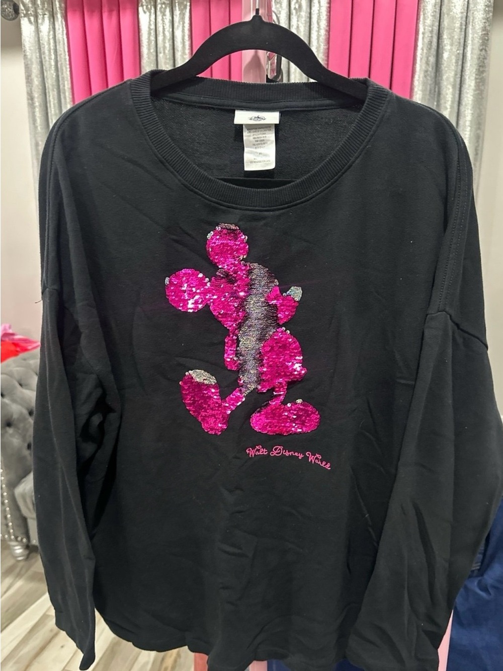 Women’s Disney Sequins Crew Neck Pink Black Silver XL